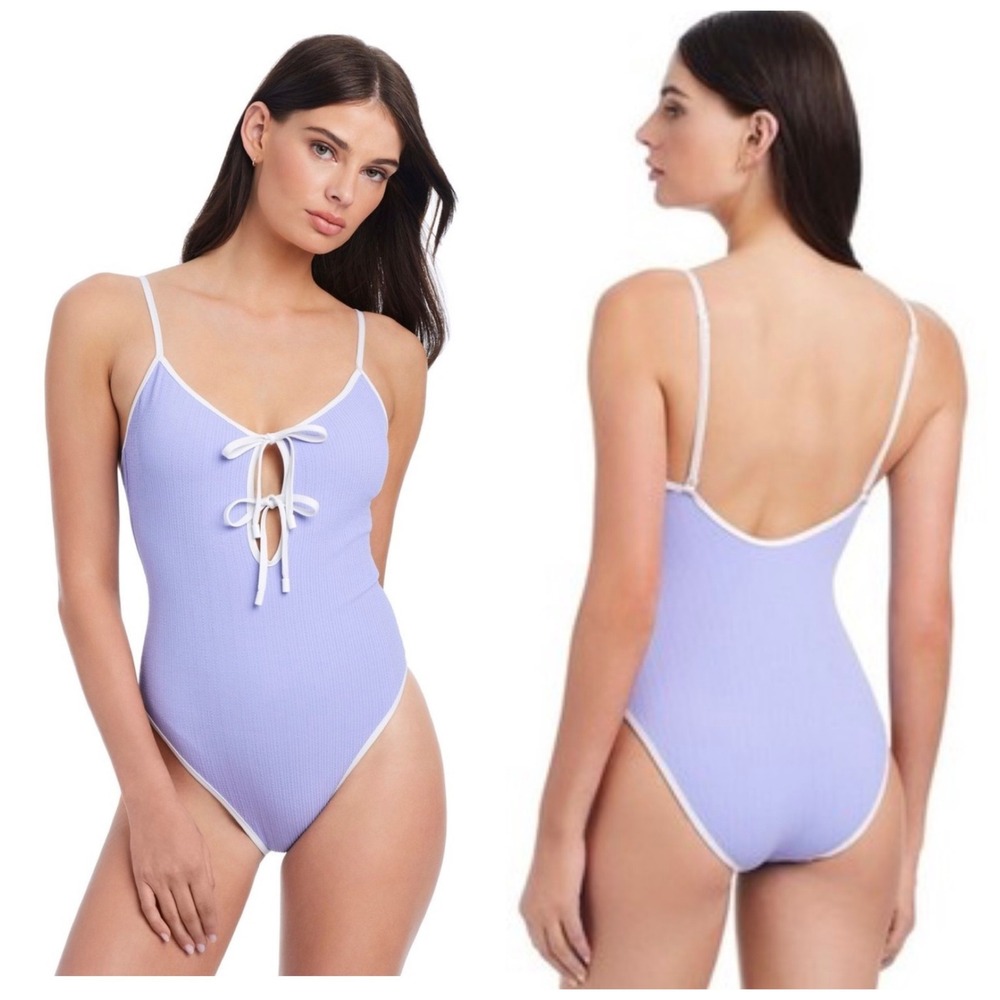 Sanctuary Stay Connected Tie Front Ribbed One Piece Swimsuit Lavender Medium (A)